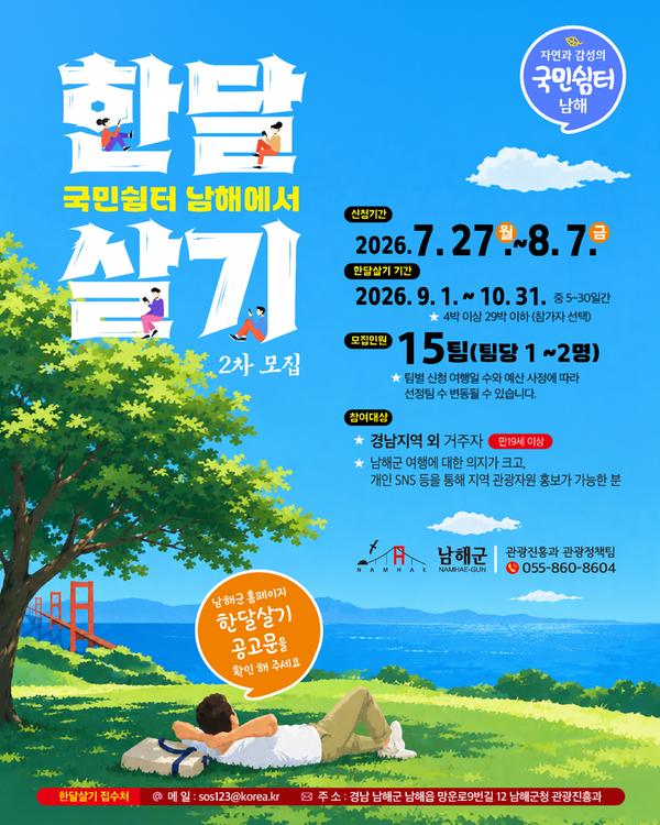 국민쉼터 남해에서 한 달 살기 2차 모집 홍보용 포스터이다. 여유롭게 풀밭에 누워있는 AI생성형 이미지가 하단에 배치되어있는 그림 위로 정보가 나열되어 있다.
신청기간은 2026년 7월 27일 월요일부터 8월 7일 금요일까지이며, 한달살기 기간은 9월 1일부터 10월 31일 중 5일에서 30일간,4박 이상 29박 이하이다.
모집인원은 15팀이며 팀당 1명에서 2명 정도이고, 팀별 신청 여행일 수와 예산 사정에 따라 선정 팀 수가 변동될 수 있음을 안내하고 있다.
참여대상은 경남지역 외에 거주하고 있는 만 19세 이상이며, 남해군 여행에 대한 의지가 크고 개인 SNS 등을 통해 지역 관광자원 홍보가 가능한 사람이다.
문의처 남해군 관광진흥과 관광정책팀(055-860-8604)이며, 한달 살기 접수처 이메일은 sos123@korea.kr, 접수처 주소는 경남 남해군 남해읍 망운로 9번길 12 남해군청 관광진흥과 이다.
